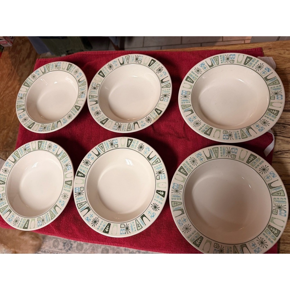 Vintage Royal China Tempo Atomic Starburst Rim Soup Bowls Set of 6 MCM 1960s